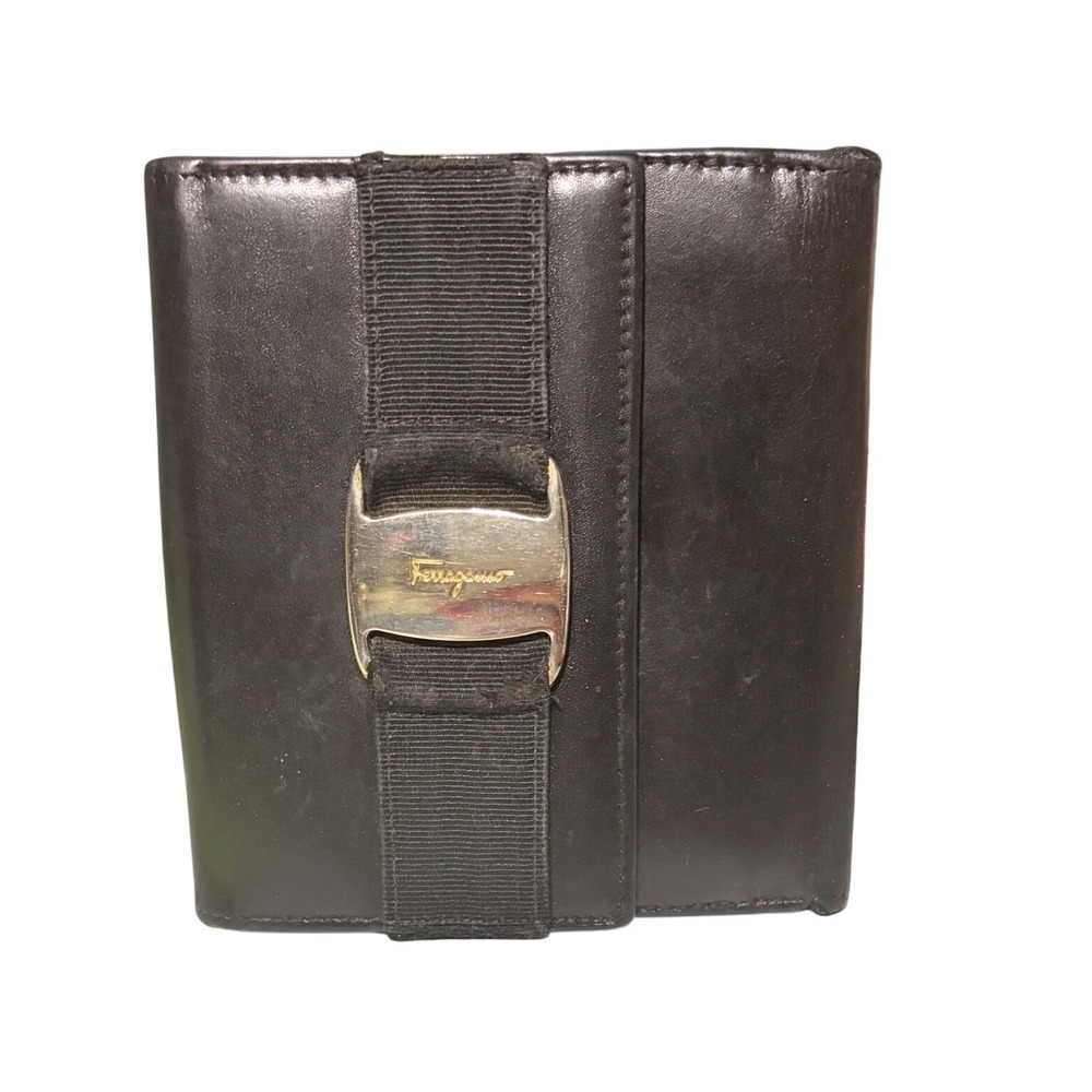 Salvatore Ferragamo Black Leather Vara Bow Bifold Wallet 224074 Made in Italy‎
